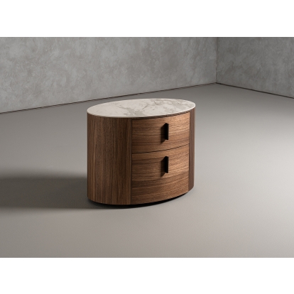 Modrest Chelton Contemporary White Ceramic & Walnut Oval Nightstand Walnut Nightstand 78524 VGHB351U3-WAL-NS