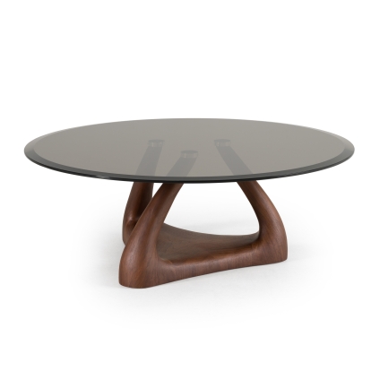 Modrest Christy Mid-Century Modern Grey Glass + Walnut Round Coffee Table Walnut Coffee Table 83094 VGRY-RY-1166