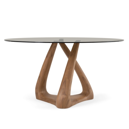 Modrest Christy Mid-Century Modern Grey Glass + Walnut Round Dining Table Walnut Dining Table 82631 VGIP-DT643-RND