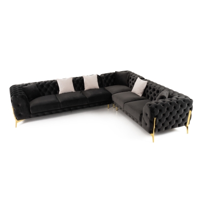 Divani Casa Clarice Transitional Black Velvet Sectional Sofa Black Sectional Sofa 82510|83204 VGAH-SF1015-BLK