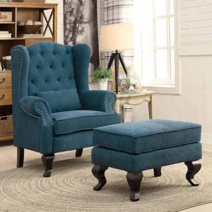 Furniture Of America Willow Traditional Fabric Dark Teal Ottoman | CM-AC6271TL-OT-VN