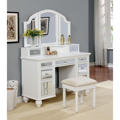 Furniture Of America Tracy Transitional Mirror, Solid Wood, Wood Veneer, Others White Vanity W/ Stool | CM-DK6162WH