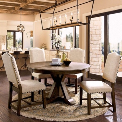 Furniture Of America Julia Rustic Fabric, Solid Wood, Wood Veneer, Others Light Oak/Beige Round Dining Table | CM3014RT