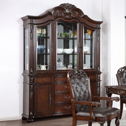 Furniture Of America Nouvelle Traditional Glass, Leatherette, Polyresin, Solid Wood, Others Brown Cherry Hutch & Buffet | CM3256CH-HB-SET