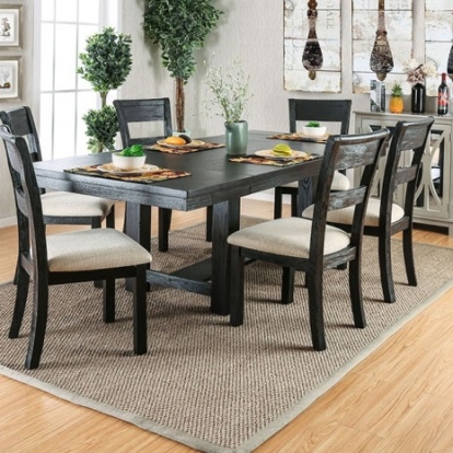Furniture Of America Thomaston Rustic Solid Wood, Wood Veneer, Others Wire-Brushed Black Dining Table | CM3543T-TABLE