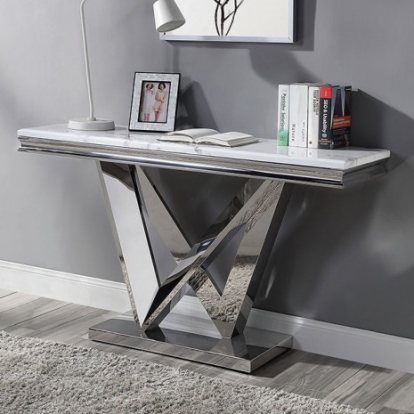 Furniture Of America Villarsglane Glam Faux Marble, Stainless Steel Chrome Sofa Table | CM4284S-TABLE