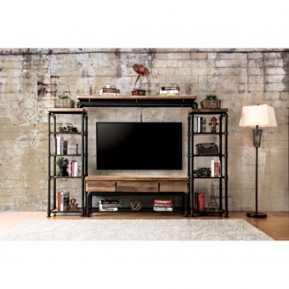 Furniture Of America Kebbyll Industrial Metal, Wood, Others Antique Black/Natural Tone 60" Tv Stand | CM5913-TV-PK
