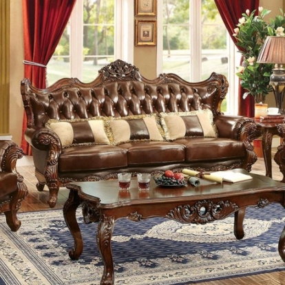 Furniture Of America Jericho Traditional Top Grain Leather Match, Solid Wood, Others Brown/Dark Oak Sofa | CM6786-SF-PK