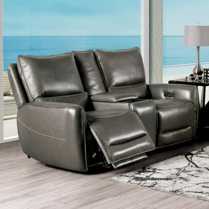 Furniture Of America Phineas Transitional Top Grain Leather Match, Solid Wood, Others Gray Power Loveseat | CM9921GY-LV-PM