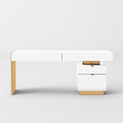 Modrest Trahan Modern Gloss White and Brushed Gold Office Desk White Desk 80606 VGBB-MQ2101-W-DESK
