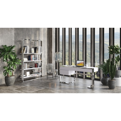 Modrest Fauna Modern White High Gloss & Stainless Steel Desk White Office Desk 77969 VGBBBN-2DK-WHT-DESK