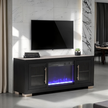 Furniture Of America Ashbourne Contemporary Black 60" Tv Stand W- Fire Place Model FM-AC415BK-TV-60