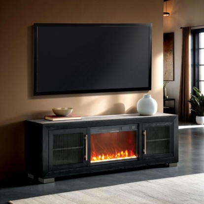 Furniture Of America Ashbourne Contemporary Acacia Veneer, Engineered Wood, Solid Wood Black 72" Tv Stand W/ Fire Place | FM-AC415BK-TV-72