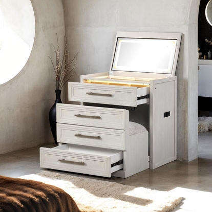 Furniture Of America Ashburton Contemporary White Bedside Vanity Set W- Stool Model FM-AC416WH-V