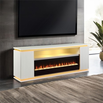 Furniture Of America Medea Contemporary Engineered Wood, Glass, Metal, Pine White 71" Tv Stand W/ Electric Fire Place | FM-AC8011WH-TV