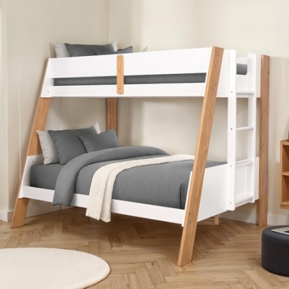 Furniture Of America Delbin Contemporary Engineered Wood, Pinewood White/Natural Twin/Full Bunk Bed | FM-BK202WH-TF-BED