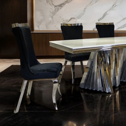 Furniture Of America Basilicata Glam Fabric, Sintered Stone, Stainless Steel Chrome Dining Table | FM33001SV-T-TABLE
