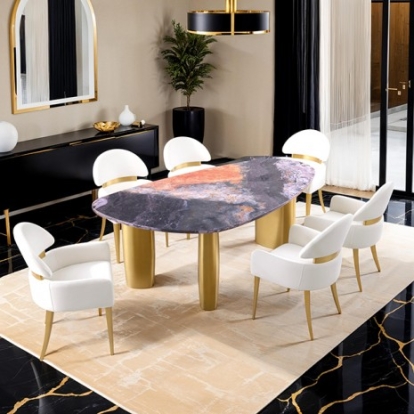 Furniture Of America Northwich Contemporary Fabric, Foam, Sintered Stone, Stainless Steel Black/Gray/Matte Gold Dining Table | FM37006GY-T-TABLE