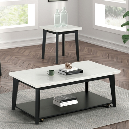 Furniture Of America Thisted Contemporary White-Black Rectangle Marble Coffee Table W- Casters Model FM44002WH-CR