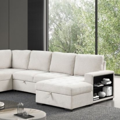 Furniture Of America Stockwell Contemporary Engineered Wood, Fabric, Foam, Metal Beige Sleeper Sofa Sectional | FM6966BG-SECT