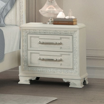 Furniture Of America Stella Mia Traditional Ash Burl Veneer, Engineered Wood, Fabric, Foam, Oak Veneer, Pinewood Creamy White Nightstand | FM70000WH-N