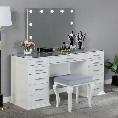 Furniture Of America Valentina Glam Mirror, Solid Wood, Wood Veneer, Others Luminous White Vanity Set | FOA-DK5682WH-PK