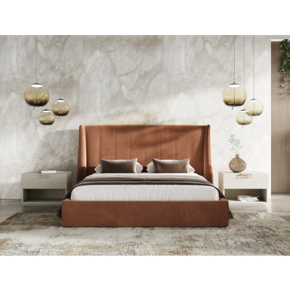 Lamod Roma + Lago Modern Burnt Orange Velvet + Faux Travertine Bed + Nightstands Set Beige Bedroom Set 85644|85645 VGAC-ROMALAGO-3PC-SET
