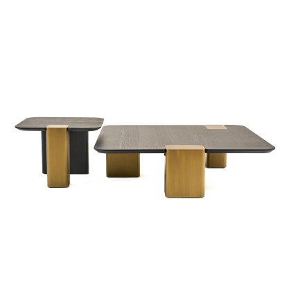 Modrest Harold Modern Black + Brushed Gold Oak Square Coffee Table Set Black Coffee Table 82070 VGHB467E2-467B