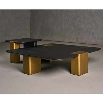 Modrest Harold Modern Black + Brushed Gold Oak Square Coffee Table Set Black Coffee Table 82070 VGHB467E2-467B