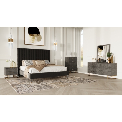 Modrest Hemlock Howard- Modern Dark Grey Velvet and Shagreen Grey Bedroom Set Grey Bedroom Set 80230|80231 VGKKB606-GRY-H-SET