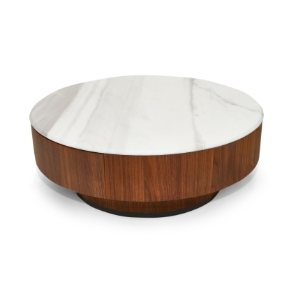 Nova Domus Hilton- Modern Walnut and White Marble Round Coffee Table Coffee Table 80309 VGHB-400E-W