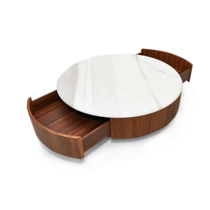 Nova Domus Hilton- Modern Walnut and White Marble Round Coffee Table Coffee Table 80309 VGHB-400E-W