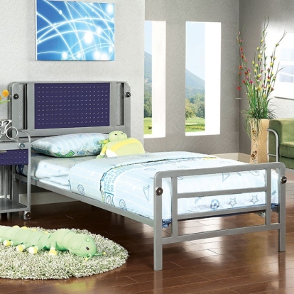 Furniture Of America Prado Contemporary Silver-Dark Blue, Silver, Dark Blue Bed Model CM7167-Twin Bed
