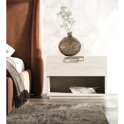 Lamod Roma + Lago Modern Burnt Orange Velvet + Faux Travertine Bed + Nightstands Set Beige Bedroom Set 85644|85645 VGAC-ROMALAGO-3PC-SET