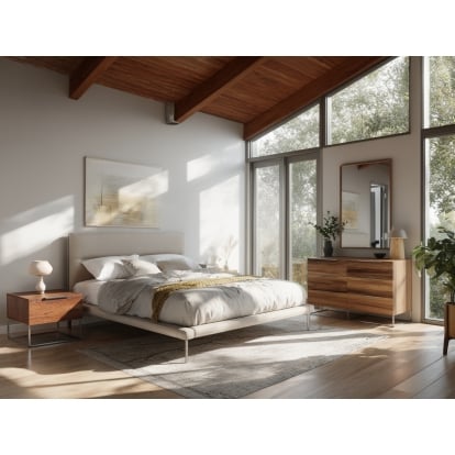 LA Furniture Eastern King Bergeron + Lorenzo Contemporary Cream Fabric + Light Oak 4-Piece Bedroom Set VGOD-BERGERON-LORENZO-SET-EK Contemporary Style by Vig Furnitrue Number 86168 Catch Home Goods