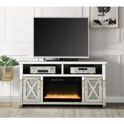 ACME Noralie Mirrored & Faux Diamonds TV Stand with Fireplace Model LV00318