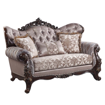 ACME Benbek Fabric & Antique Oak Loveseat with 3 Pillows Model LV00810