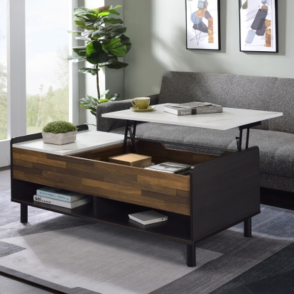 ACME Axel White Printed Faux Marble Walnut & Black Coffee Table with Lift Top Model LV00828