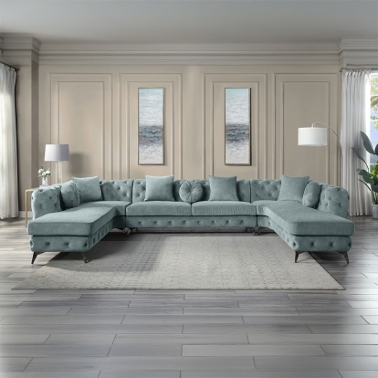 ACME Atronia Dusty Blue Fabric Sectional Sofa with 7 Pillows Model LV01161