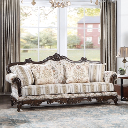 ACME Nayla Pattern Fabric & Walnut Sofa with 4 Pillows Model LV01273