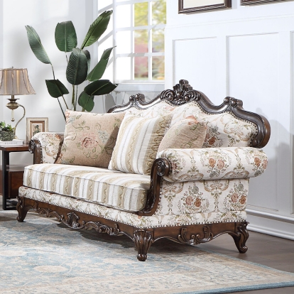 ACME Nayla Pattern Fabric & Walnut Loveseat with 3 Pillows Model LV01274