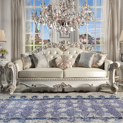 ACME Vendome Champagne Synthetic Leather & Antique Pearl Finsih Sofa with 5 Pillows Model LV01324