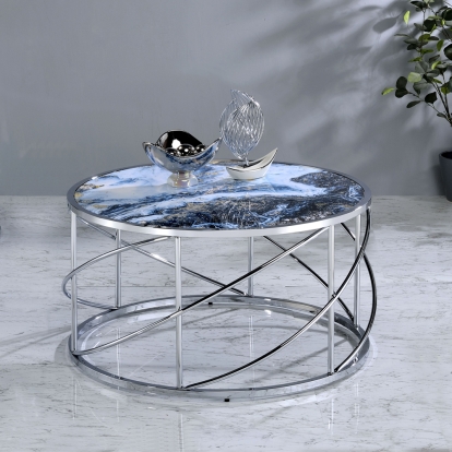 ACME Lyda Blue Marble Print & Chrome Coffee Table Model LV02095