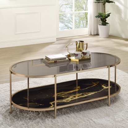 ACME Fiorella Glass Black Marble Paint & Gold Coffee Table Model LV02222