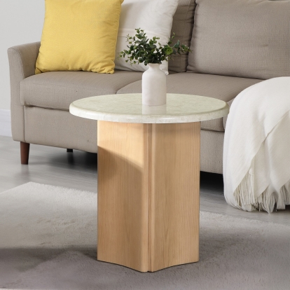 ACME Qwin Natural Marble Top & Oak End Table with Natural Marble Top Model LV03006
