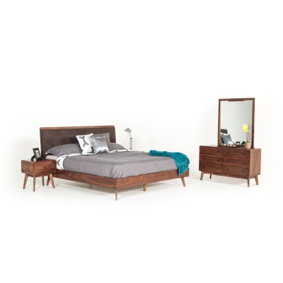 Modrest Marshall Mid-Century Modern Brown Fabric & Walnut Bedroom Set Brown Bedroom Set 73672|73673 VGMABR-39-SET