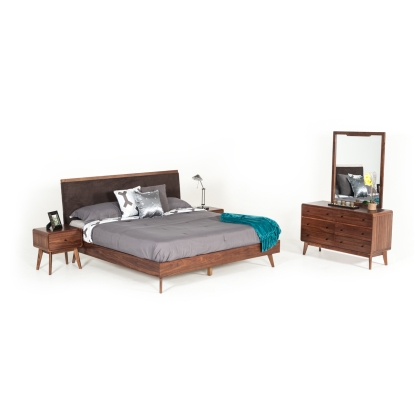 Modrest Marshall Mid-Century Modern Brown Fabric & Walnut Bedroom Set Brown Bedroom Set 73672|73673 VGMABR-39-SET