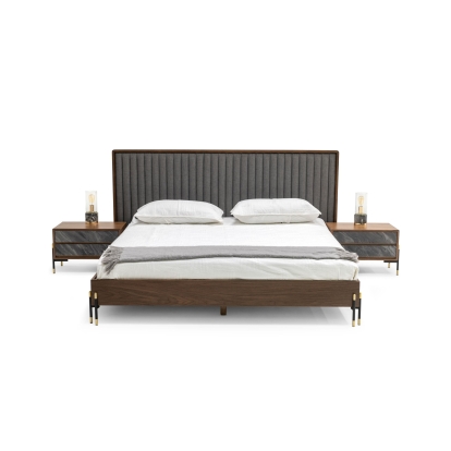 Nova Domus Metcalf Mid-Century Walnut & Grey Bed with Two Nightstands Brown Bed 79021|79022|80279 VGMABR-120-BRN-BED