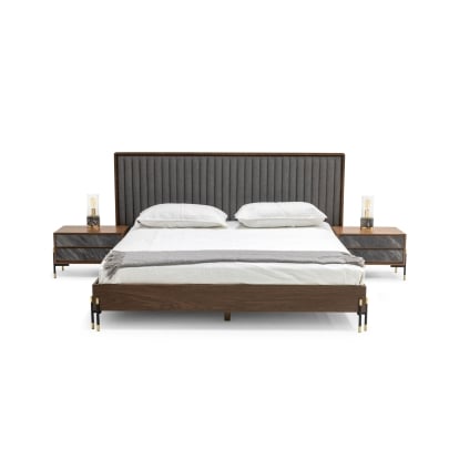 LA Furniture Eastern King Metcalf Mid-Century Walnut & Grey Bed with Two Nightstands VGMABR-120-BRN-BED-EK Contemporary Style by Vig Furnitrue Number 79022 Catch Home Goods