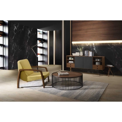 Modrest Bronson Modern Walnut & Black Round Coffee Table Walnut Coffee Table 75434 VGMAMIT-5224-COF